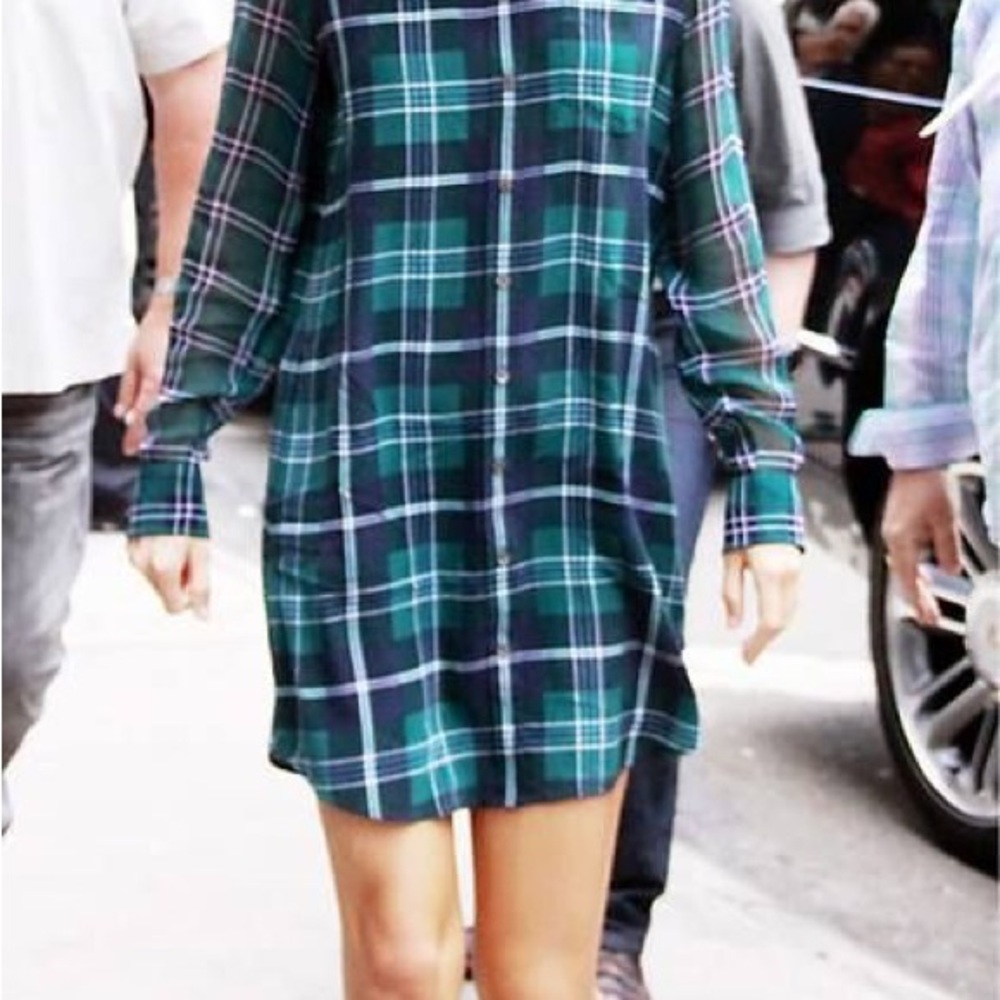 Equipment Femme Silk Green and Blue Long Sleeve Cuffed Shirt Dress